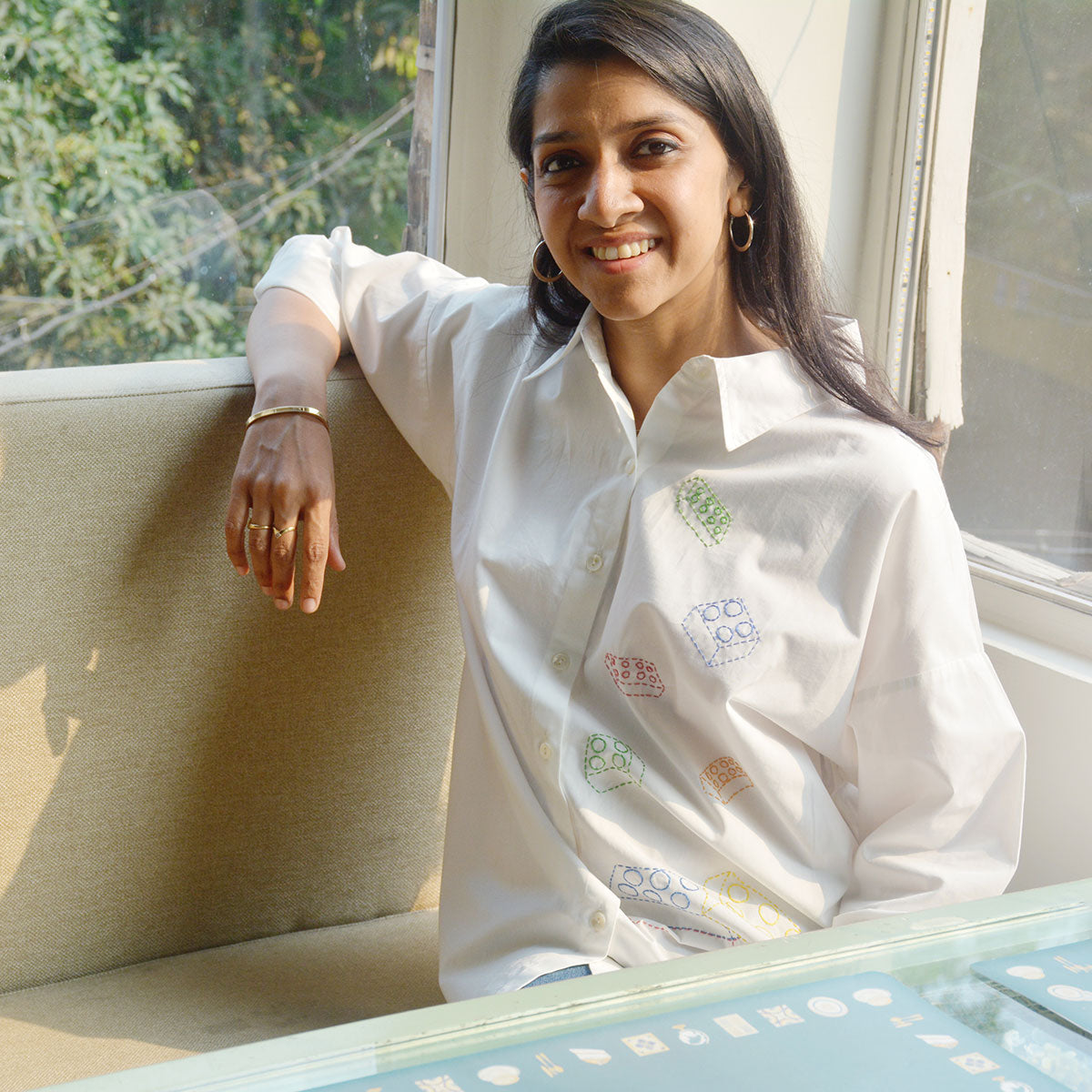 Building Blocks Embroidered Women Shirt - White