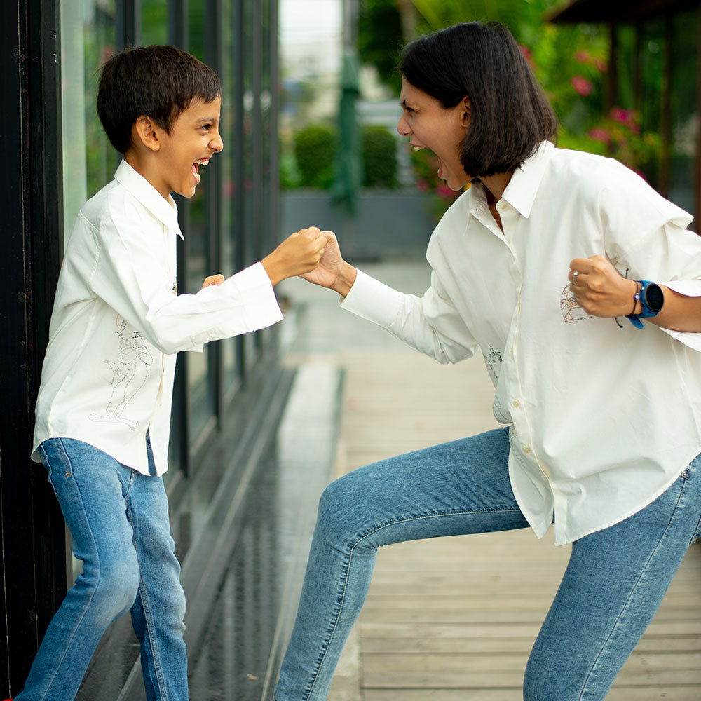 Cat and Mouse Cartoon Embroidered Organic Cotton Shirt - White