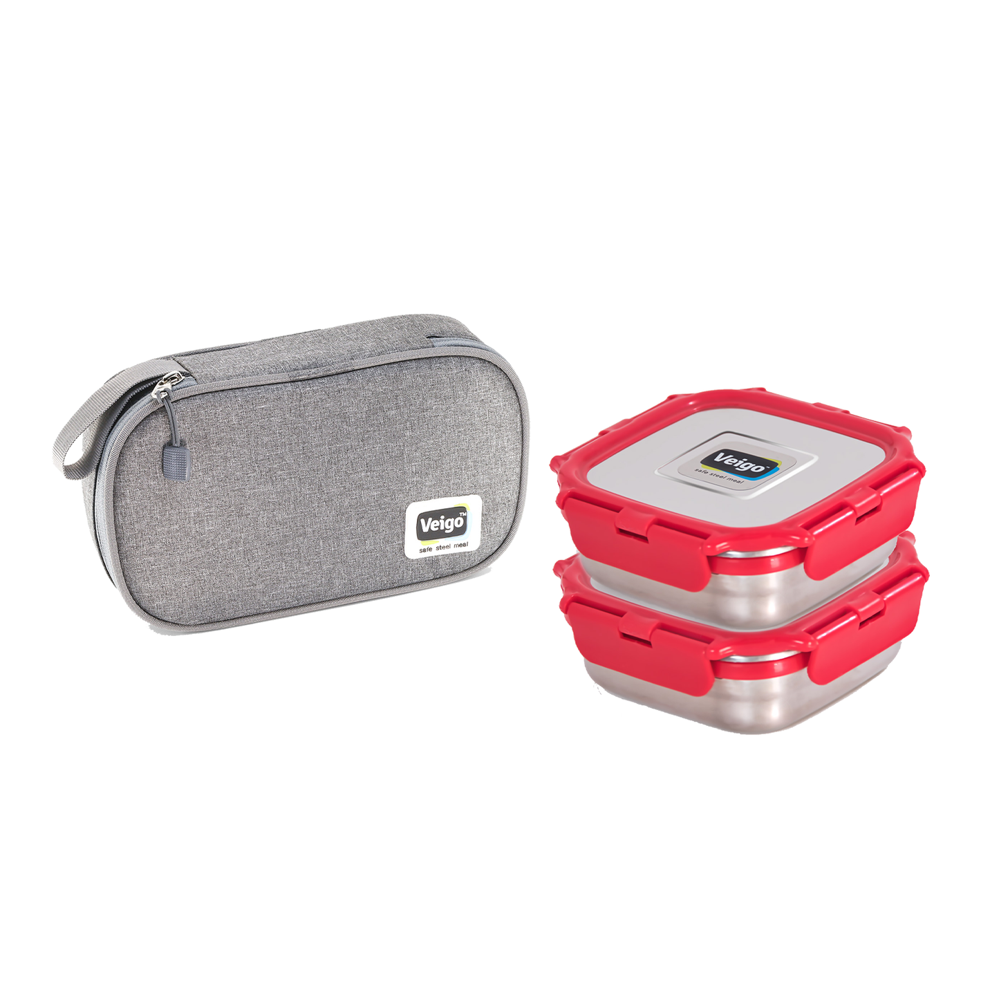 Veigo Daily- Set of 2 Medium Stainless Steel Lunch Boxes in a flat Insulated Pouch
