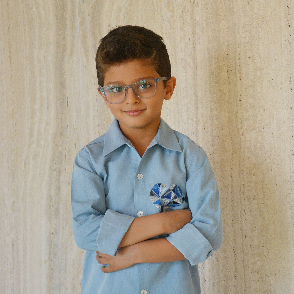 Geometric Heart Embroidered Denim Shirt