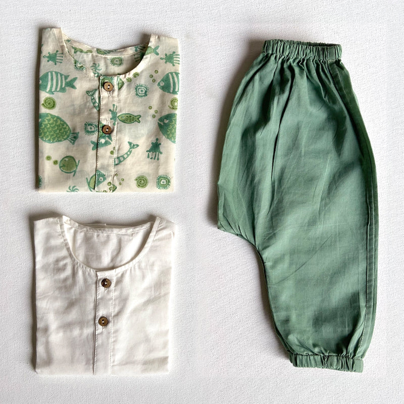 Organic Koi Bag - Koi Mint And White Kurta + Mint Pants