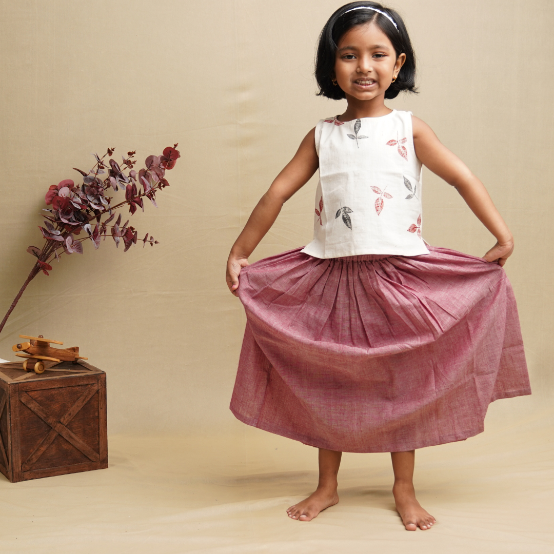 Twirl and Top' - Girls' Leaf Print Crop Top with Long Skirt