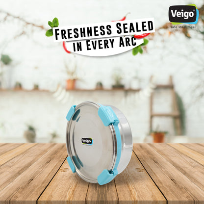 Veigo Maxosteel Stainless Steel Round Storage Box with Reversible Clip Mechanism