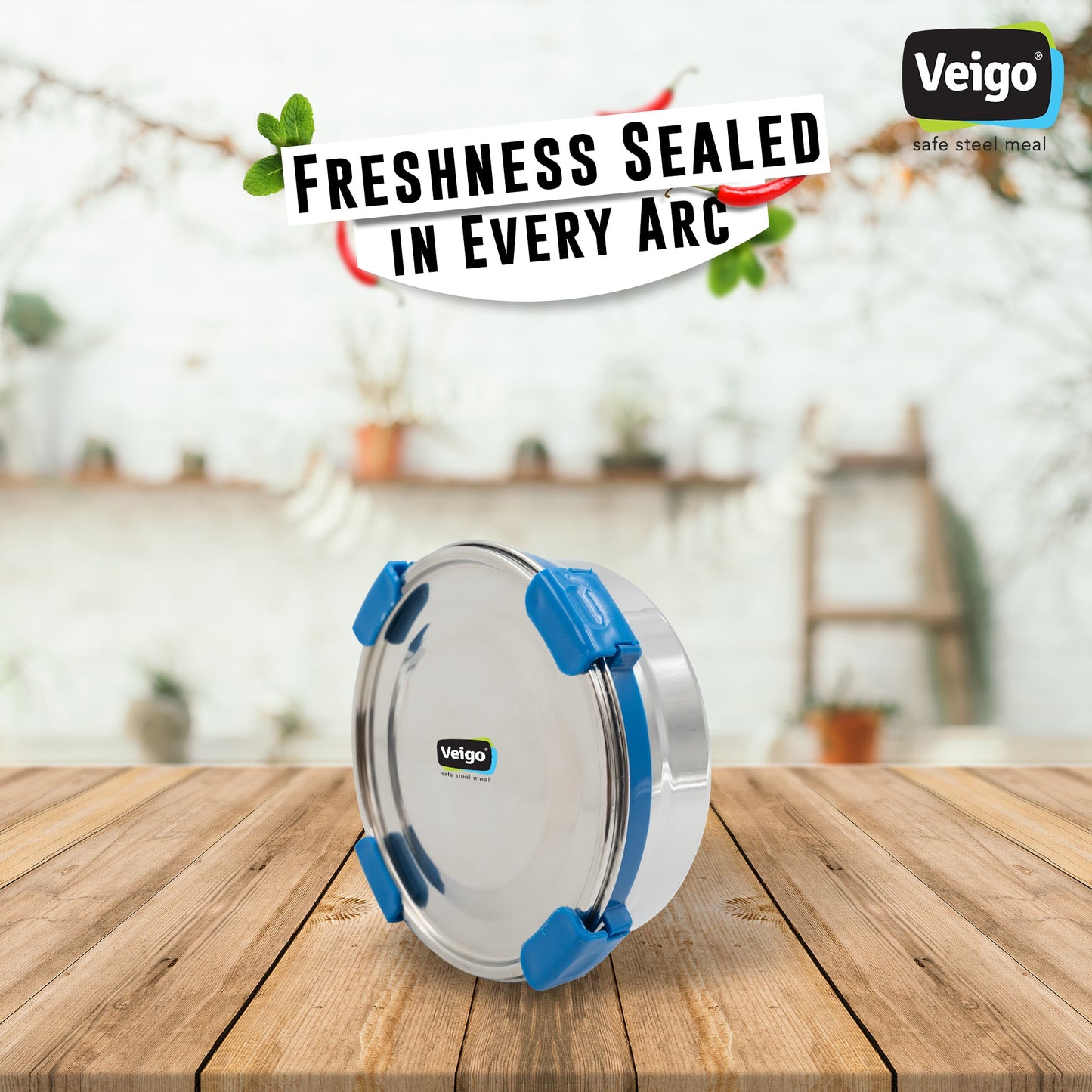 Veigo Maxosteel Stainless Steel Round Storage Box with Reversible Clip Mechanism