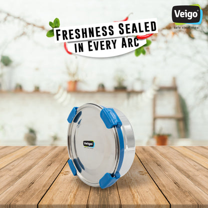 Veigo Maxosteel Stainless Steel Round Storage Box with Reversible Clip Mechanism