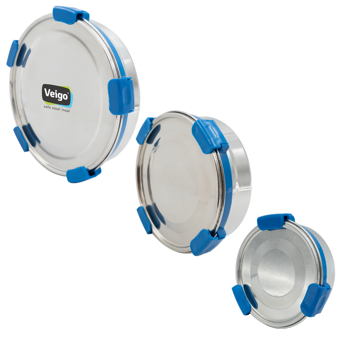 Veigo Maxosteel Round Storage Boxes with reversible clip mechanism- Set of 3 lunch boxes containers