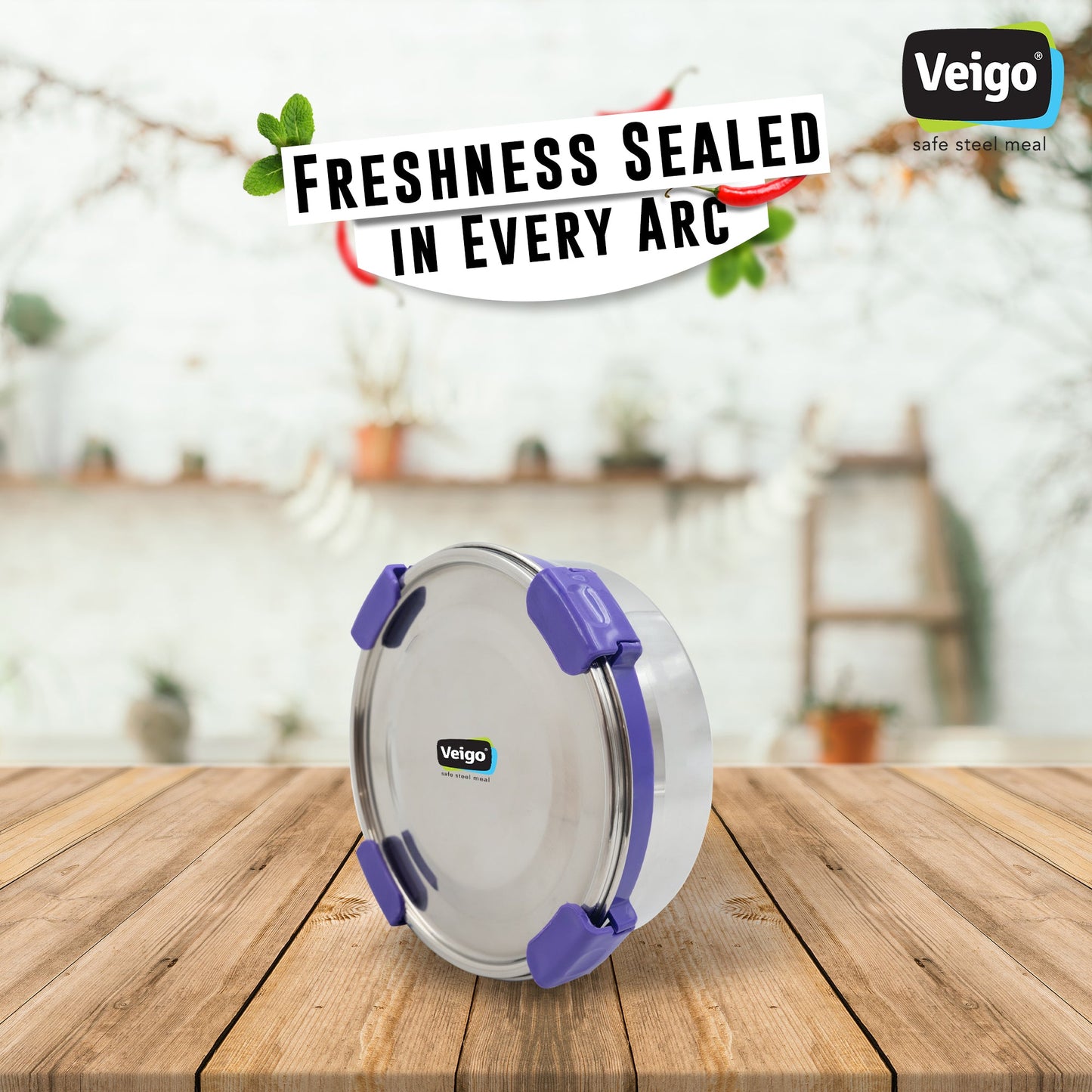Veigo Maxosteel Stainless Steel Round Storage Box with Reversible Clip Mechanism