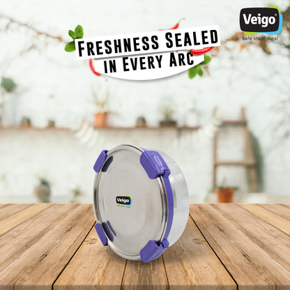Veigo Maxosteel Stainless Steel Round Storage Box with Reversible Clip Mechanism