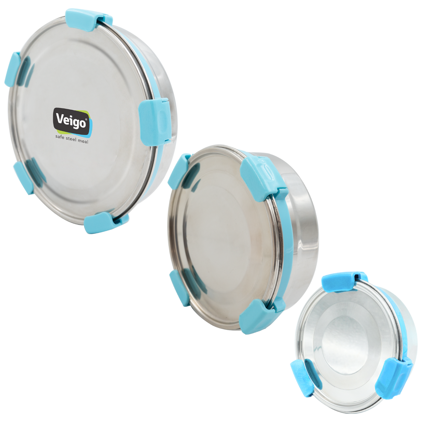 Veigo Maxosteel Round Storage Boxes with reversible clip mechanism- Set of 3 lunch boxes containers