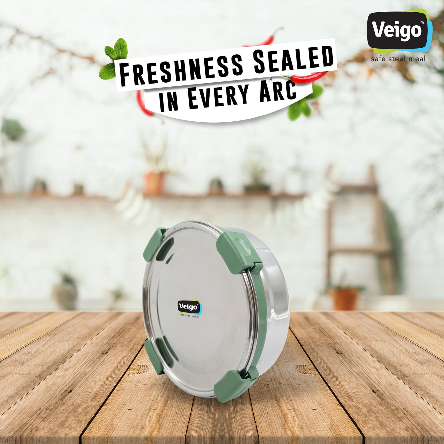 Veigo Maxosteel Stainless Steel Round Storage Box with Reversible Clip Mechanism
