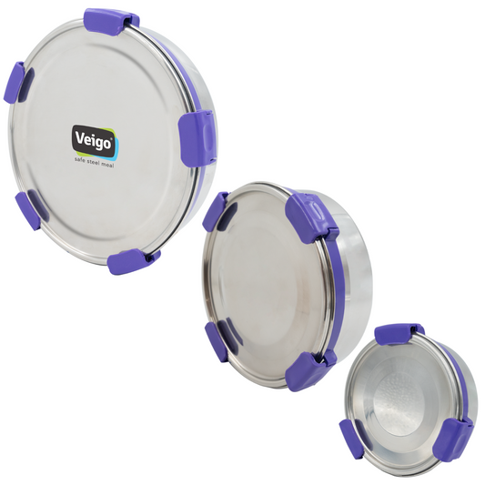 Veigo Maxosteel Round Storage Boxes with reversible clip mechanism- Set of 3 lunch boxes containers