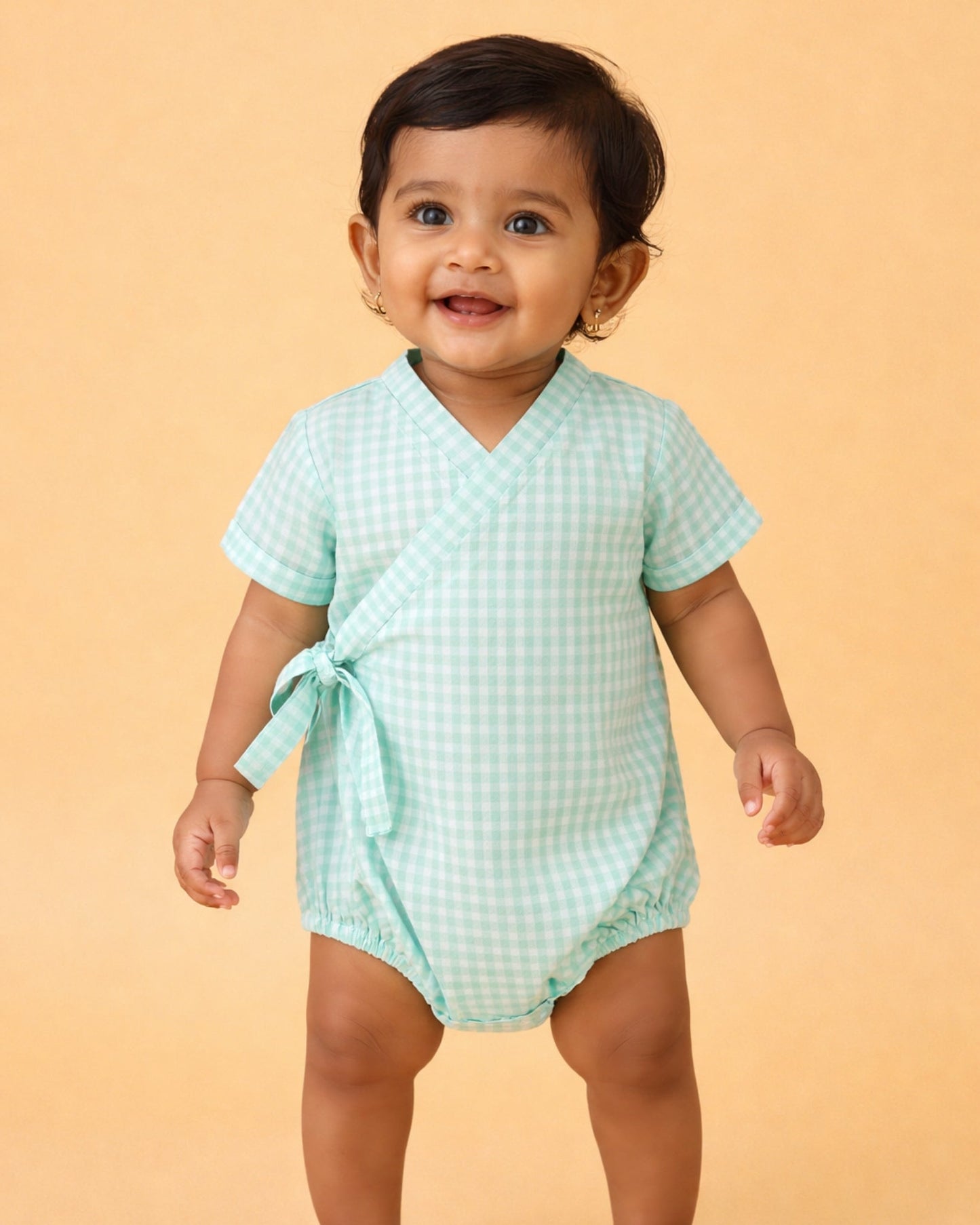 Minty Meadows Gingham Kimono Romper (0-2 Years)