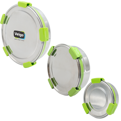 Veigo Maxosteel Round Storage Boxes with reversible clip mechanism- Set of 3 lunch boxes containers