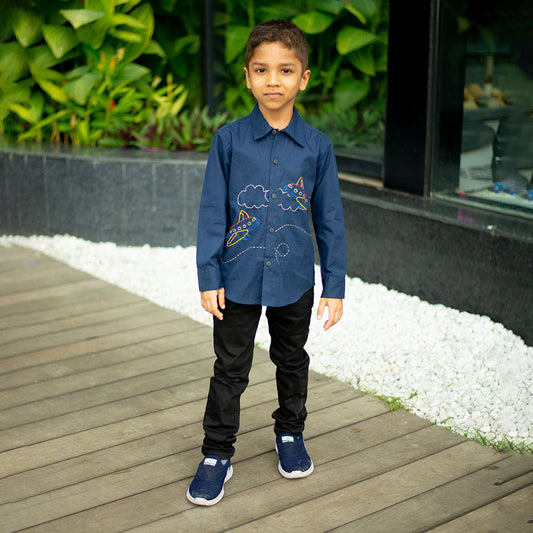 Aeroplane Embroidered Organic Cotton Shirt - Navy