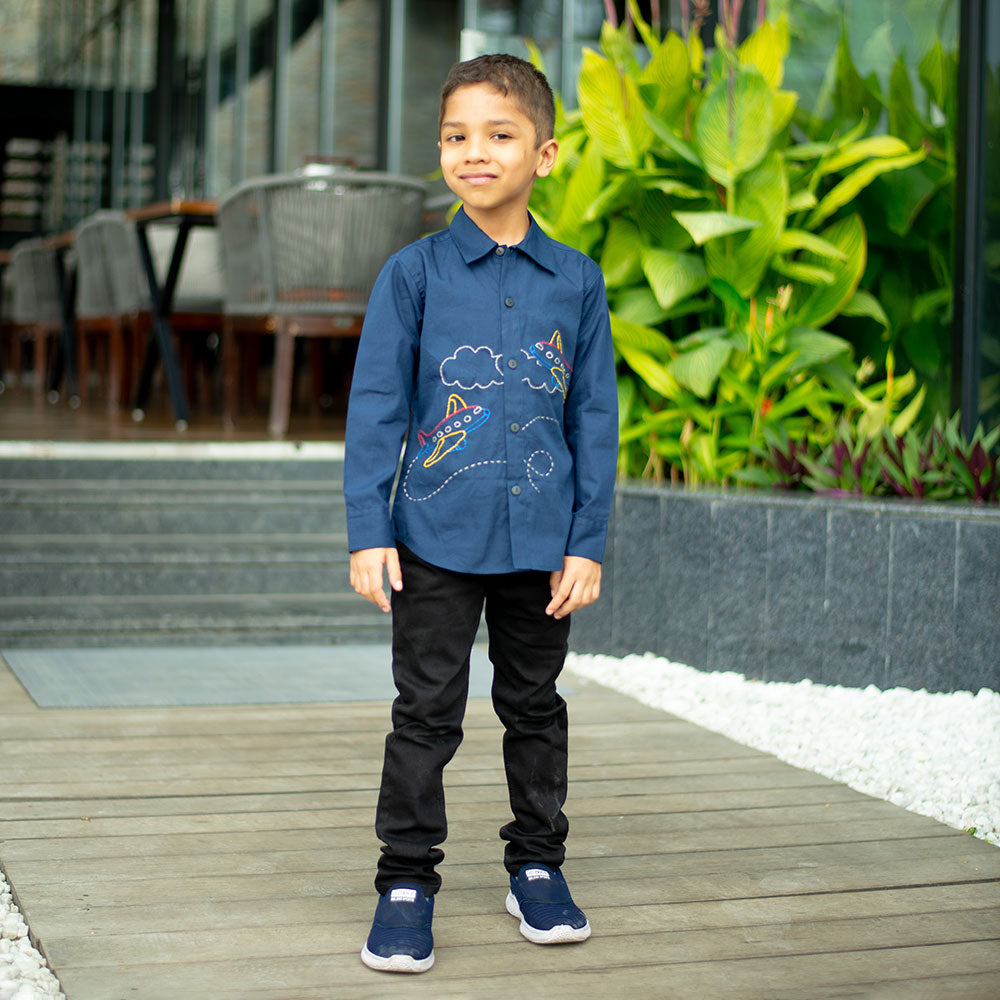 Aeroplane Embroidered Shirt - Navy