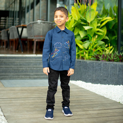 Aeroplane Embroidered Organic Cotton Shirt - Navy