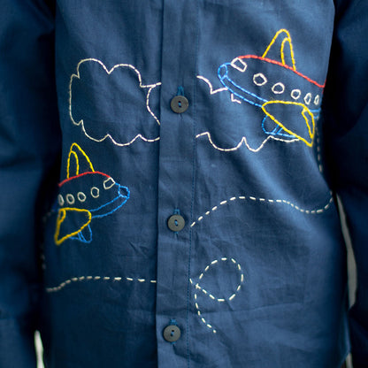 Aeroplane Embroidered Organic Cotton Shirt - Navy