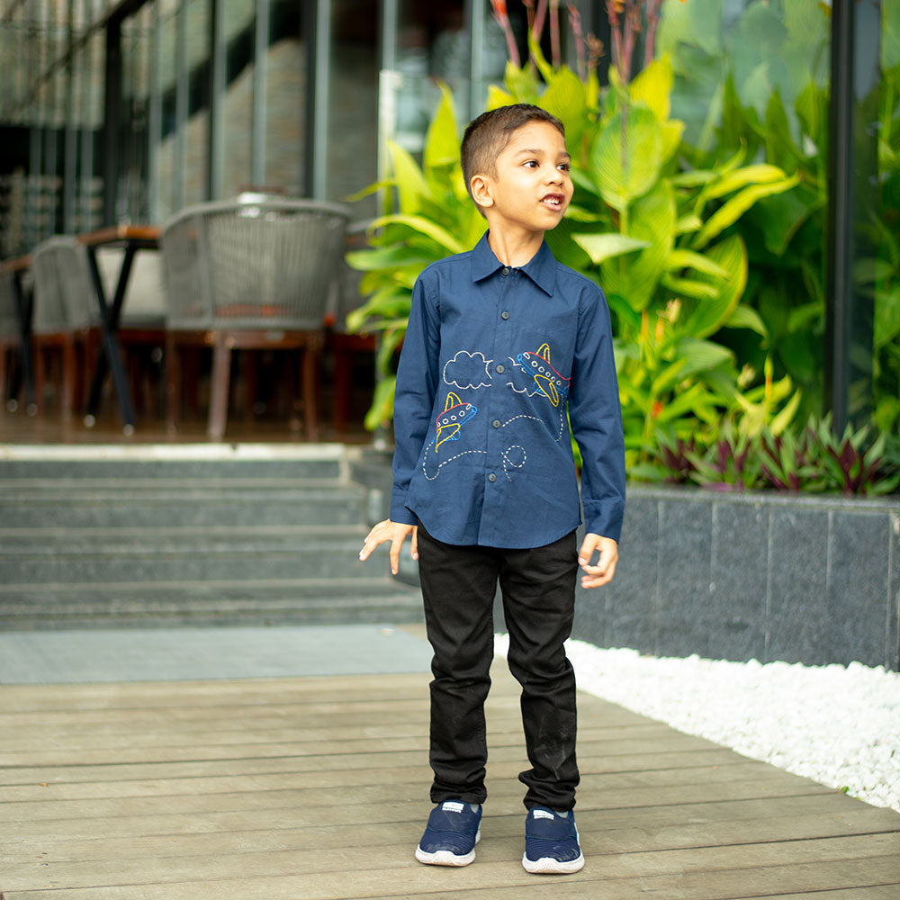 Aeroplane Embroidered Shirt - Navy