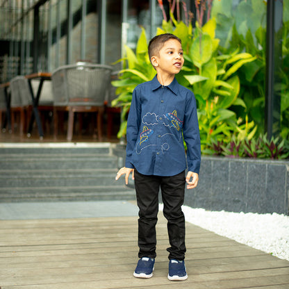 Aeroplane Embroidered Organic Cotton Shirt - Navy