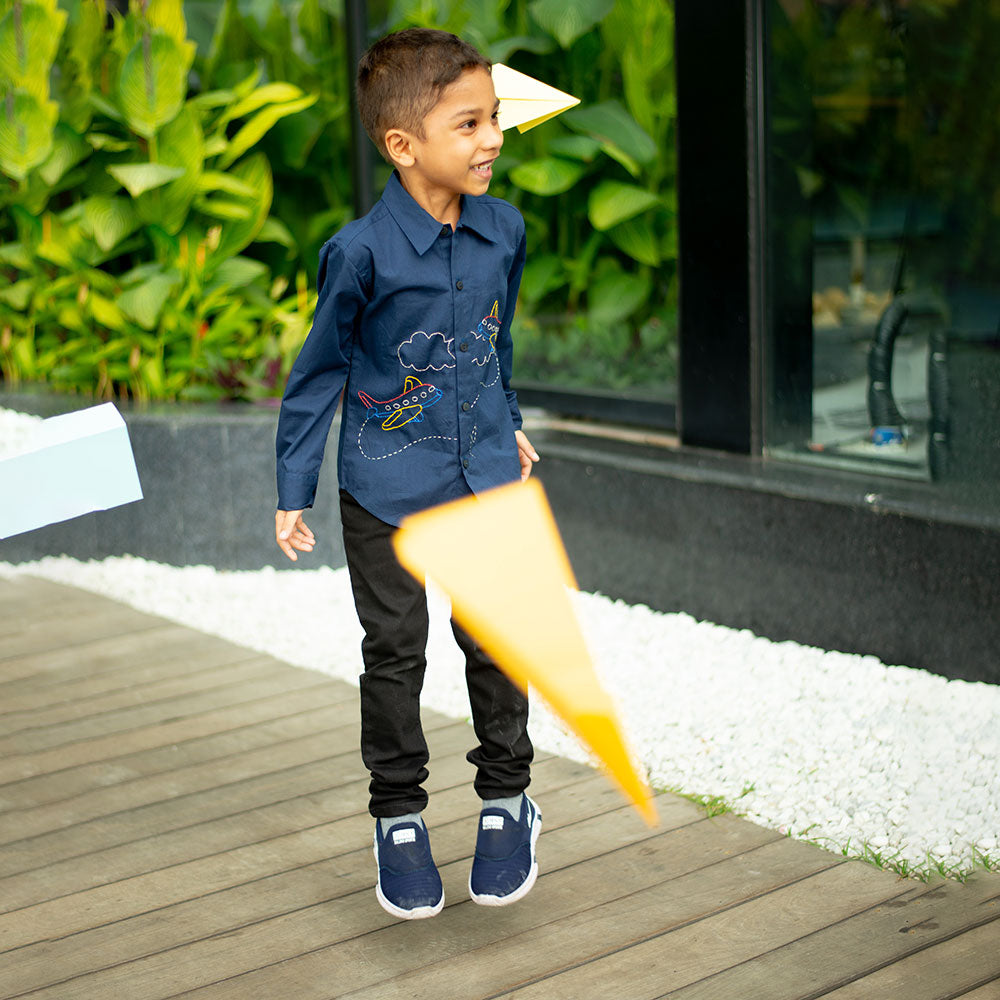 Aeroplane Embroidered Organic Cotton Shirt - Navy