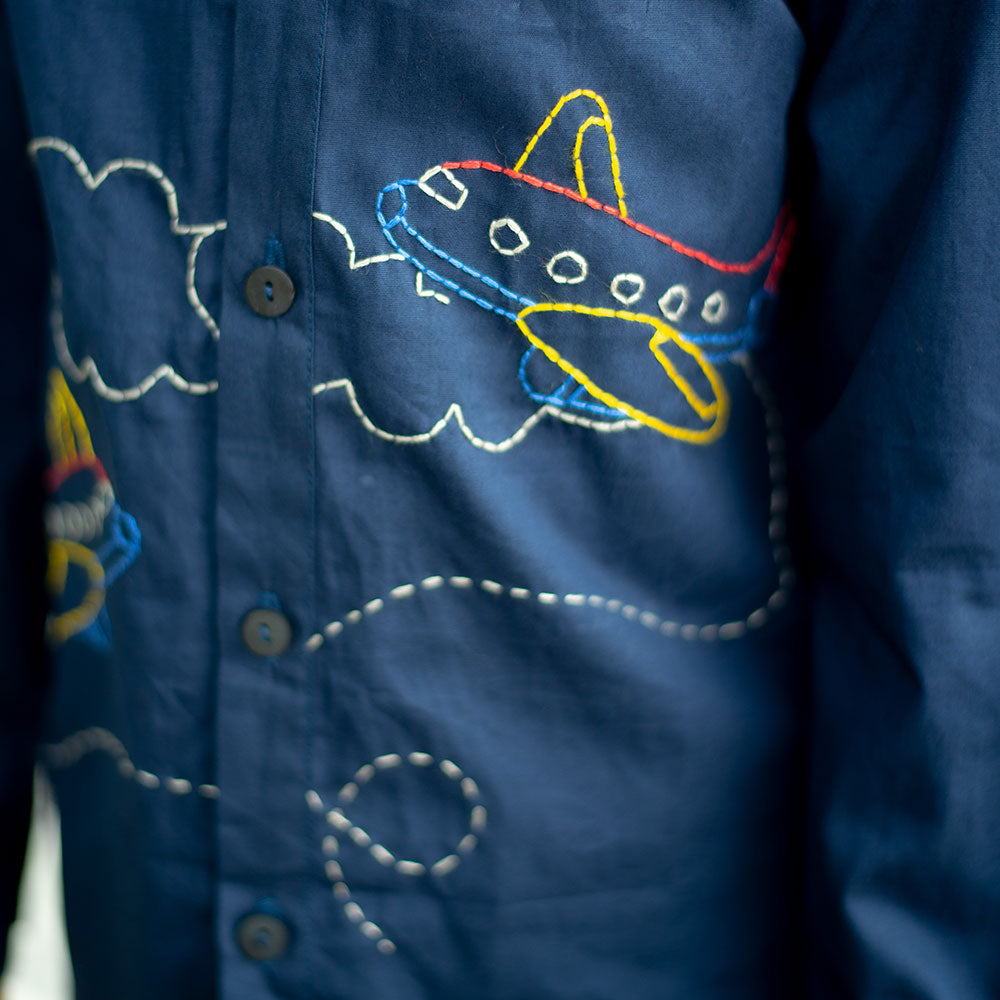 Aeroplane Embroidered Shirt - Navy