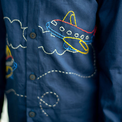 Aeroplane Embroidered Shirt - Navy