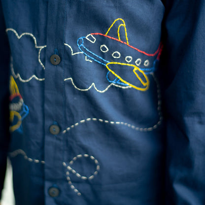 Aeroplane Embroidered Organic Cotton Shirt - Navy