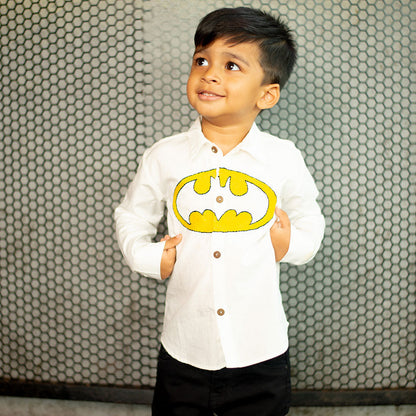 Bat Superhero Chest Icon Embroidered Organic Cotton Shirt - White