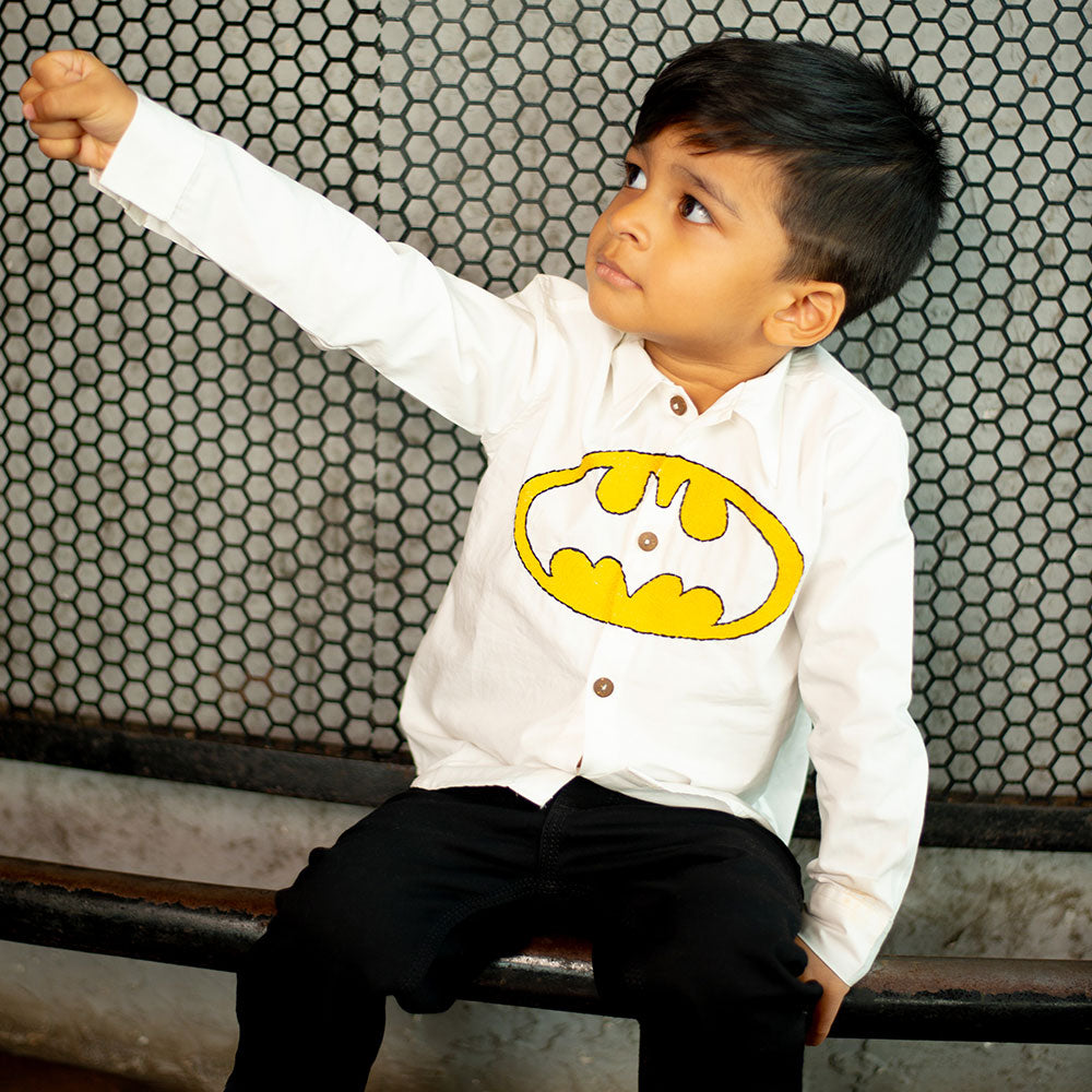 Bat Superhero Chest Icon Embroidered Organic Cotton Shirt - White