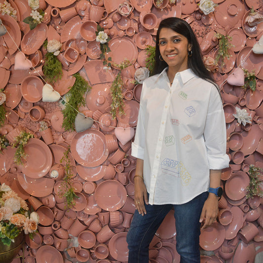 Building Blocks Embroidered  Women Shirt - White