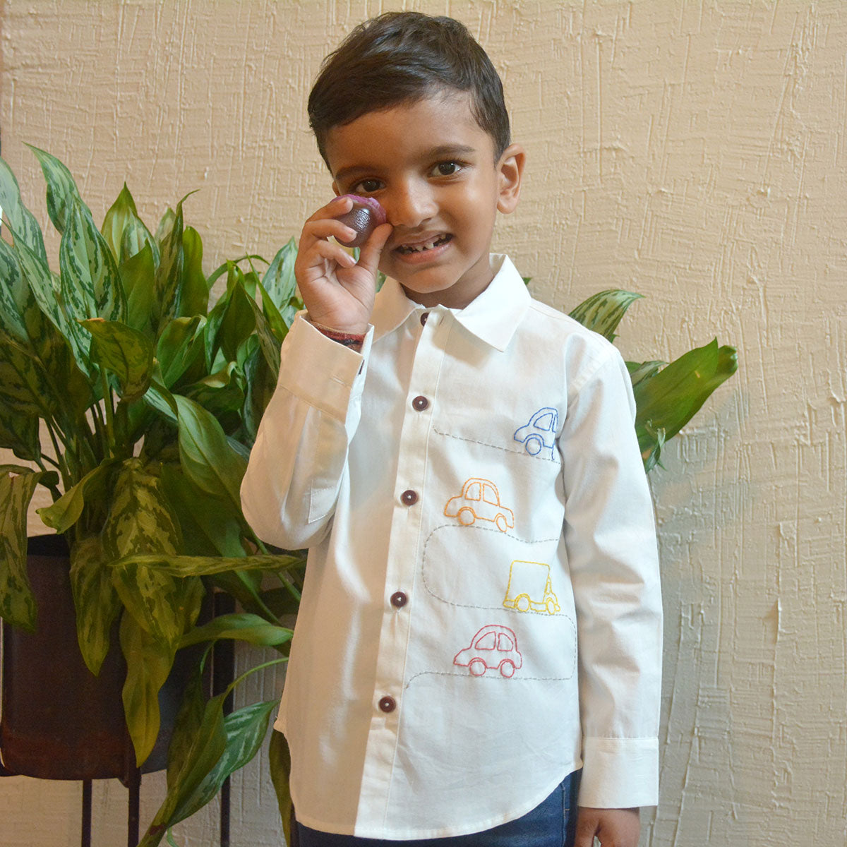 Cars on Road Embroidered Shirt - White