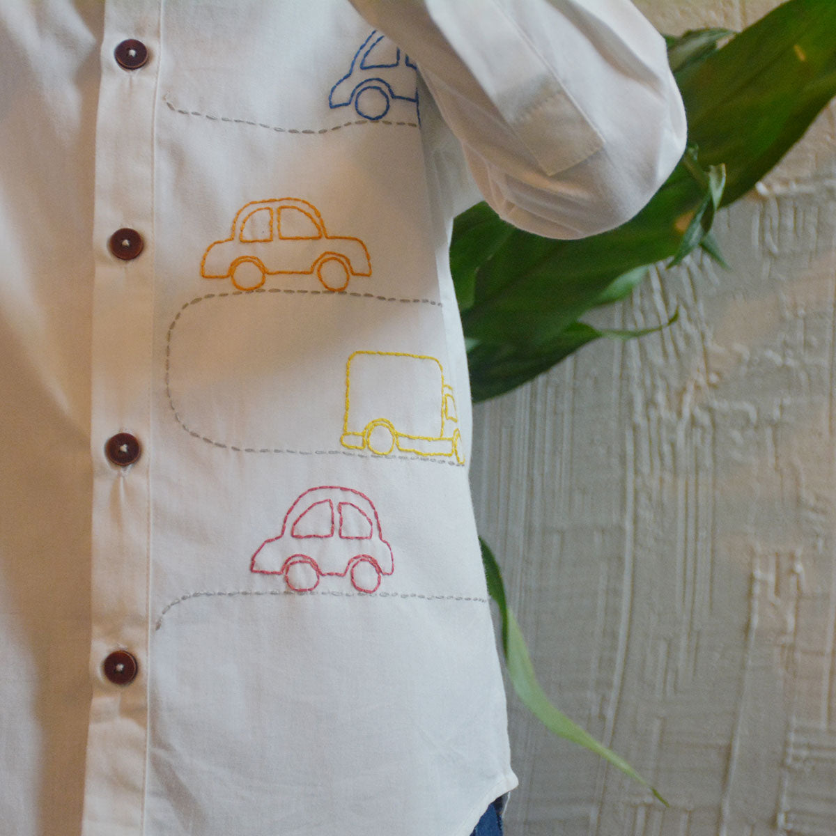 Cars on Road Embroidered Shirt - White