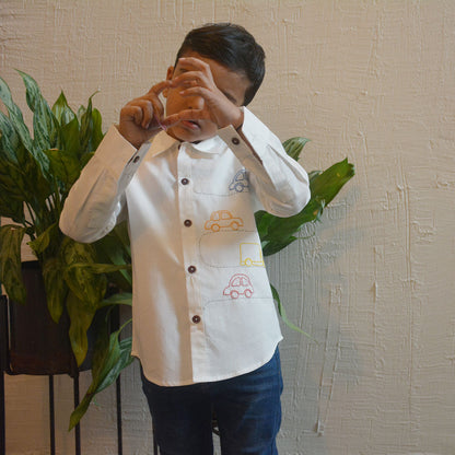 Cars on Road Embroidered Shirt - White
