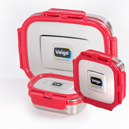 Veigo Celebration- Set of 3 Stainless Steel Leakproof Lunch Boxes(Ready-to-Gift Pack)