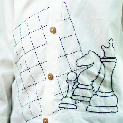 Chess Checkmate Embroidered Organic Cotton Shirt - White