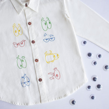 Colourful Emoji Eyes Embroidered Unisex Shirt - White