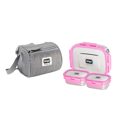 Veigo Daftar- Stainless Steel Large Lunch Box with Dual Veg Box in an Insulated Lunch Bag