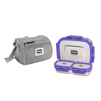 Veigo Daftar- Stainless Steel Large Lunch Box with Dual Veg Box in an Insulated Lunch Bag