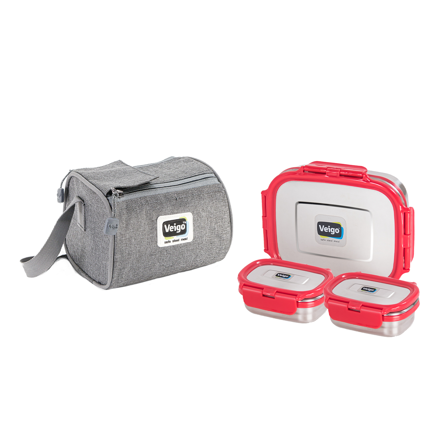 Veigo Daftar- Stainless Steel Large Lunch Box with Dual Veg Box in an Insulated Lunch Bag
