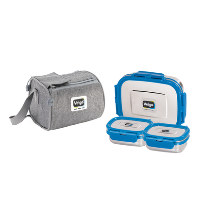Veigo Daftar- Stainless Steel Large Lunch Box with Dual Veg Box in an Insulated Lunch Bag