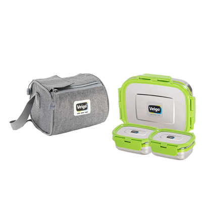 Veigo Daftar- Stainless Steel Large Lunch Box with Dual Veg Box in an Insulated Lunch Bag