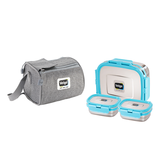 Veigo Daftar- Stainless Steel Large Lunch Box with Dual Veg Box in an Insulated Lunch Bag