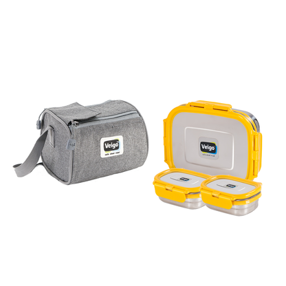 Veigo Daftar- Stainless Steel Large Lunch Box with Dual Veg Box in an Insulated Lunch Bag