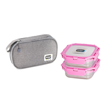 Veigo Daily- Set of 2 Medium Stainless Steel Lunch Boxes in a flat Insulated Pouch