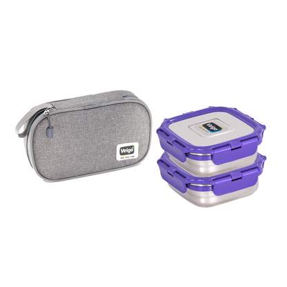 Veigo Daily- Set of 2 Medium Stainless Steel Lunch Boxes in a flat Insulated Pouch