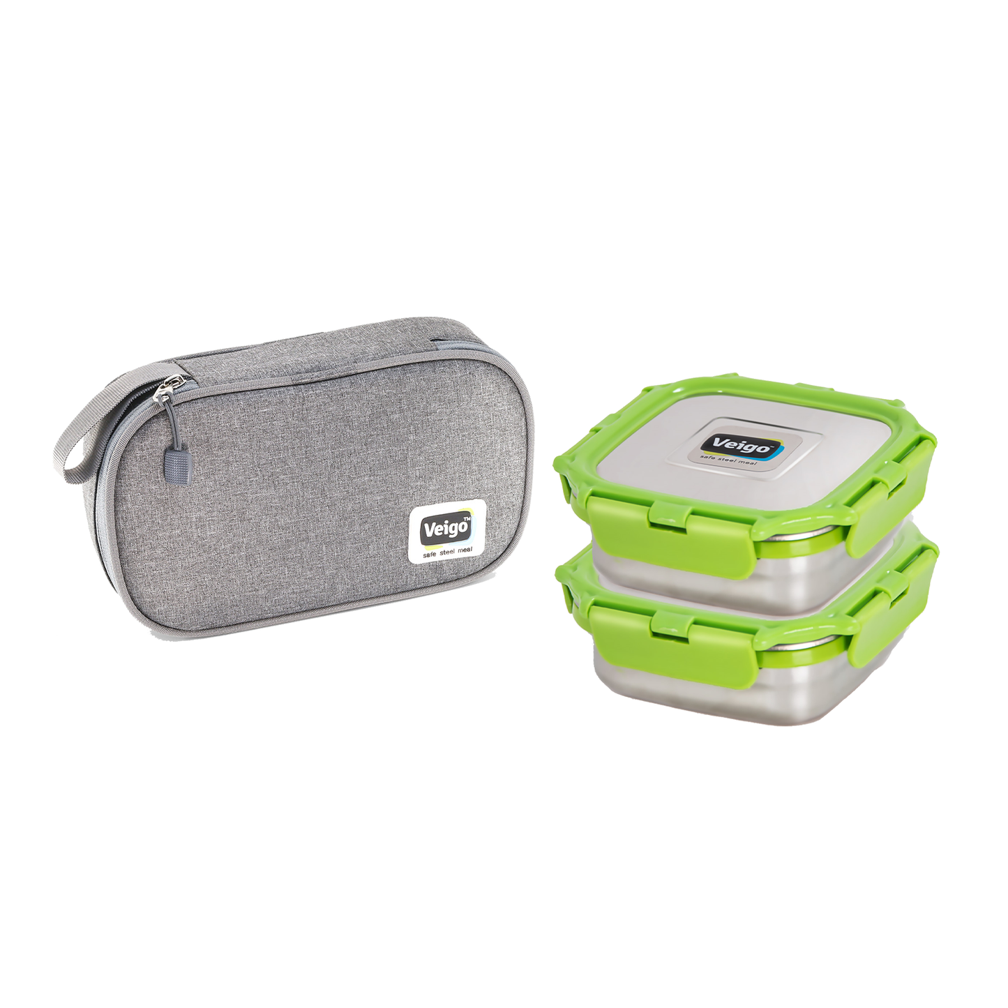 Veigo Daily- Set of 2 Medium Stainless Steel Lunch Boxes in a flat Insulated Pouch