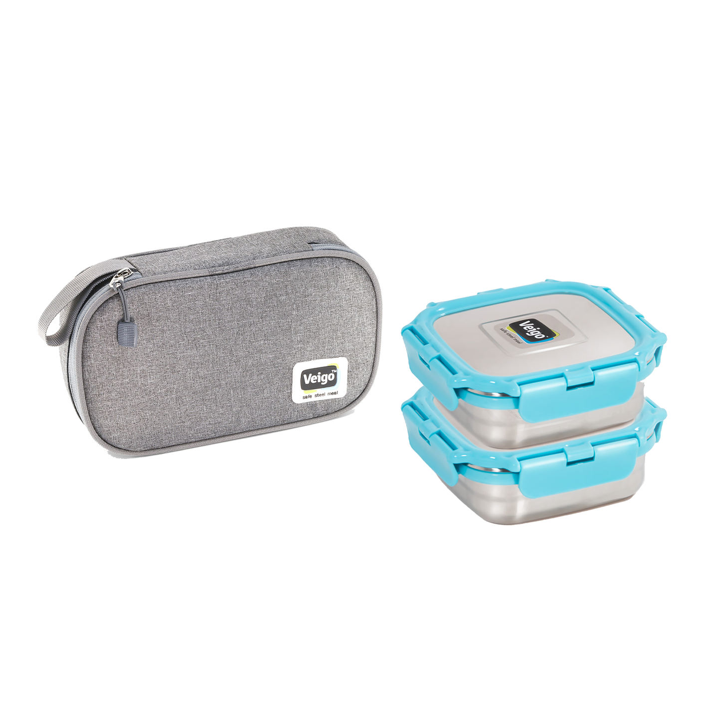 Veigo Daily- Set of 2 Medium Stainless Steel Lunch Boxes in a flat Insulated Pouch