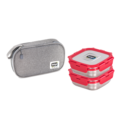 Veigo Daily- Set of 2 Medium Stainless Steel Lunch Boxes in a flat Insulated Pouch