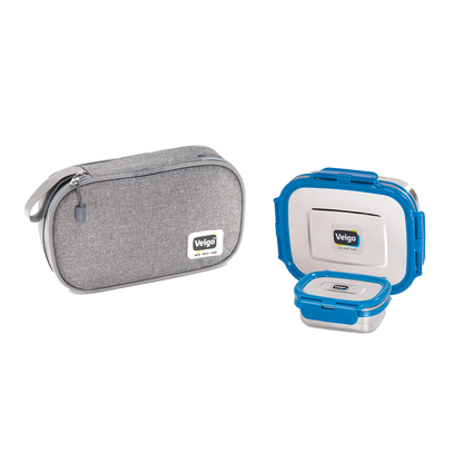 Veigo On The Go - Stainless Steel Large Lunch Box with Veg Box in a Flat Insulated Pouch