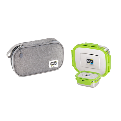 Veigo On The Go - Stainless Steel Large Lunch Box with Veg Box in a Flat Insulated Pouch